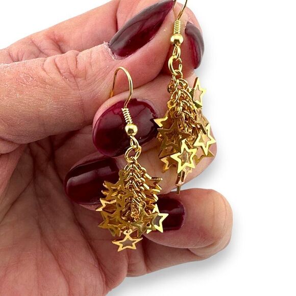 Gold Plated Stars Cluster Earrings Statement Earrings Gold Plated Ear Wire - Picture 11 of 12